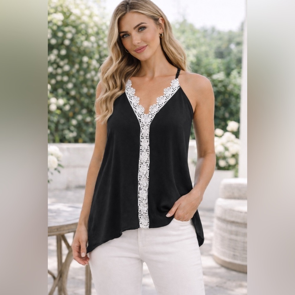 Black Lace Trim Halter Tank Top Small/medium 36” Bust Flowy Summer Blouse